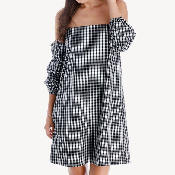 1.State Off the Shoulder Plaid Gingham Dress Black - Picture 3 of 4